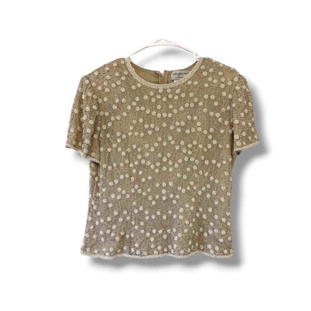 Adrianna Papell Evening Top Size 10 Silk Off White Beaded Sequin Formal Cocktail